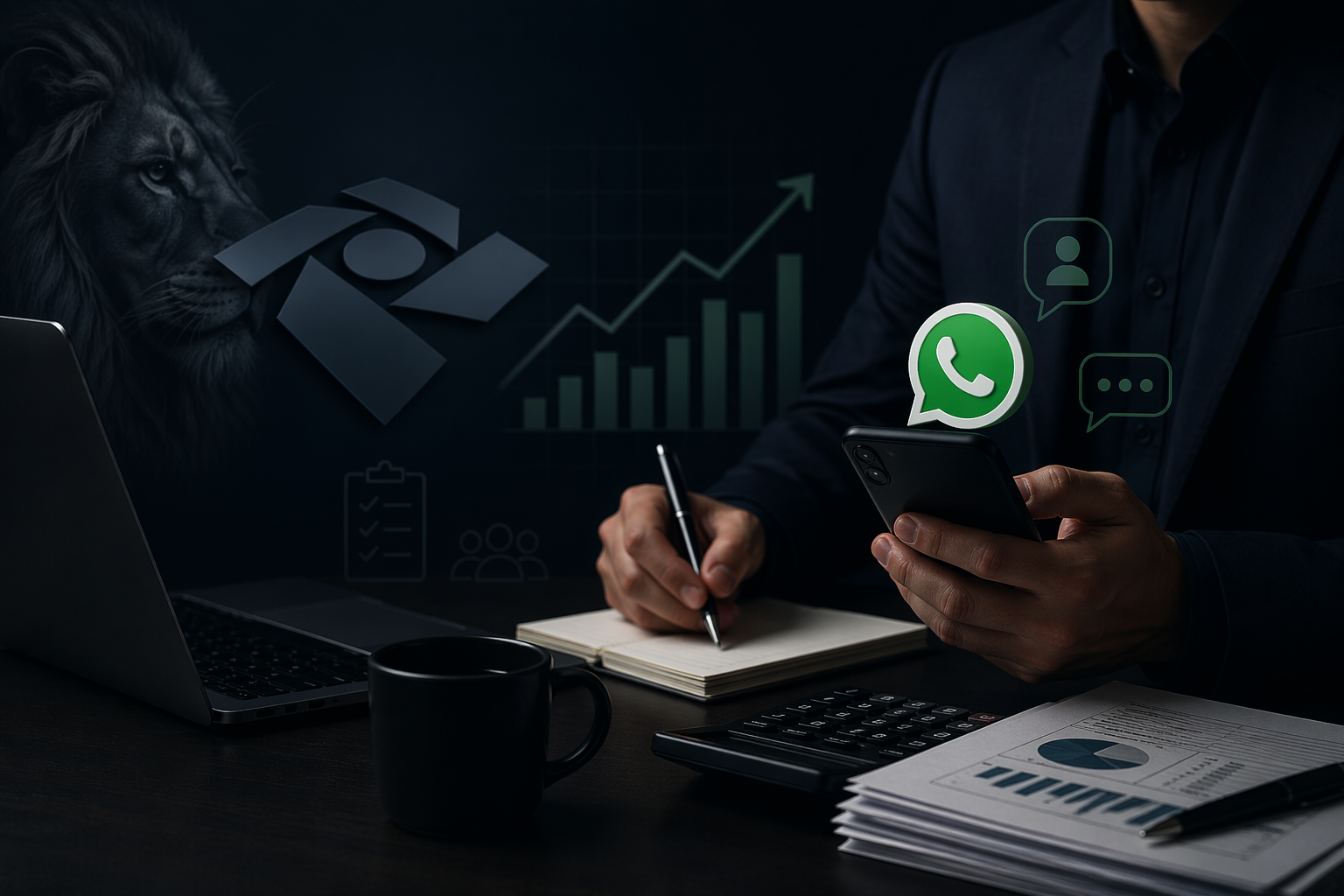 Um contador trabalha enquanto segura o celular com whatsapp aberto, atendendo clientes enquanto trabalha. A logo da receita federal e o leão representam a ideia de que o imposto de renda está próximo
